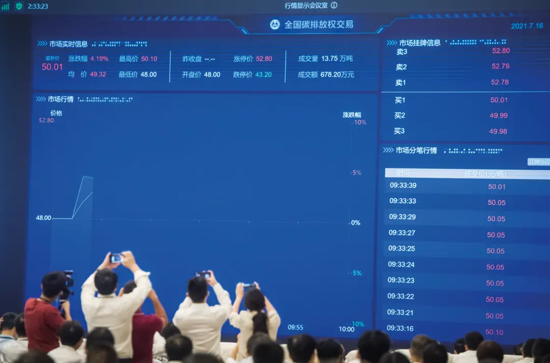 2021年7月16日，全國碳排放權(quán)交易市場(chǎng)上線交易啟動(dòng)儀式以視頻連線形式舉行，在北京設(shè)主會(huì)場(chǎng)，在上海和湖北設(shè)分會(huì)場(chǎng)。圖/新華
